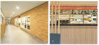 1.	 Stepwood als Wandverkleidung in einem College in Rotterdam 2.	 Profilleisten als Thekenverkleidung im Golfrcsort Haugschlag in Niederösterreich